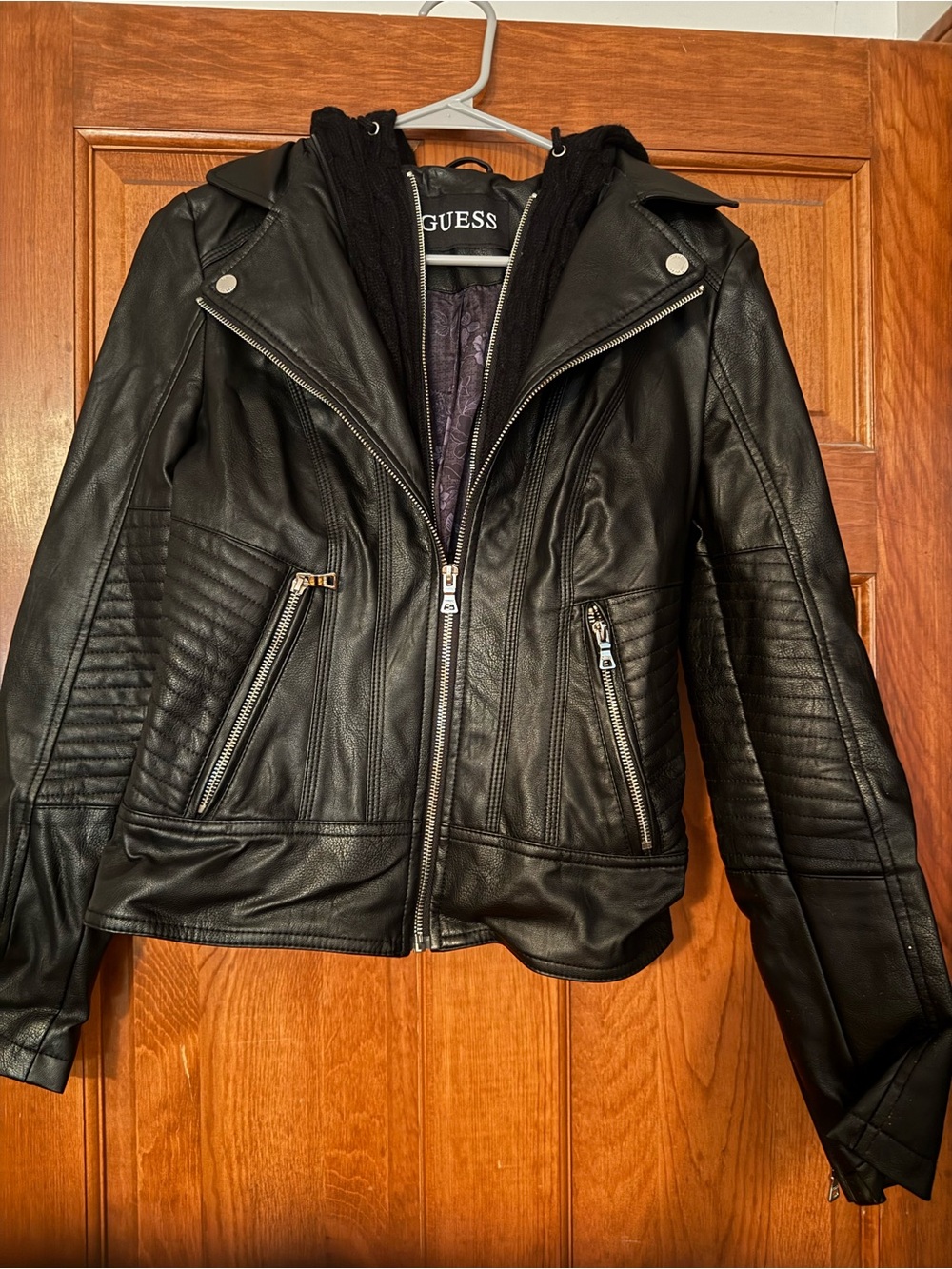GUESS Black Quilted Faux Leather Moto Jacket with Hooded Liner